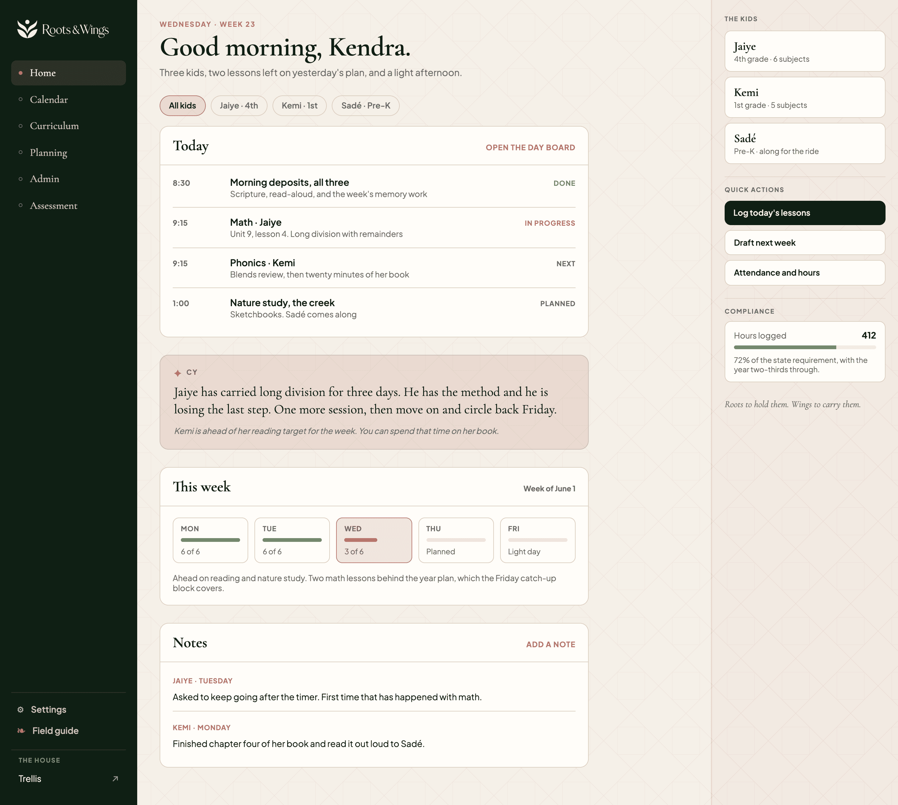 The Roots and Wings home screen: today's lessons, the week, and compliance hours
