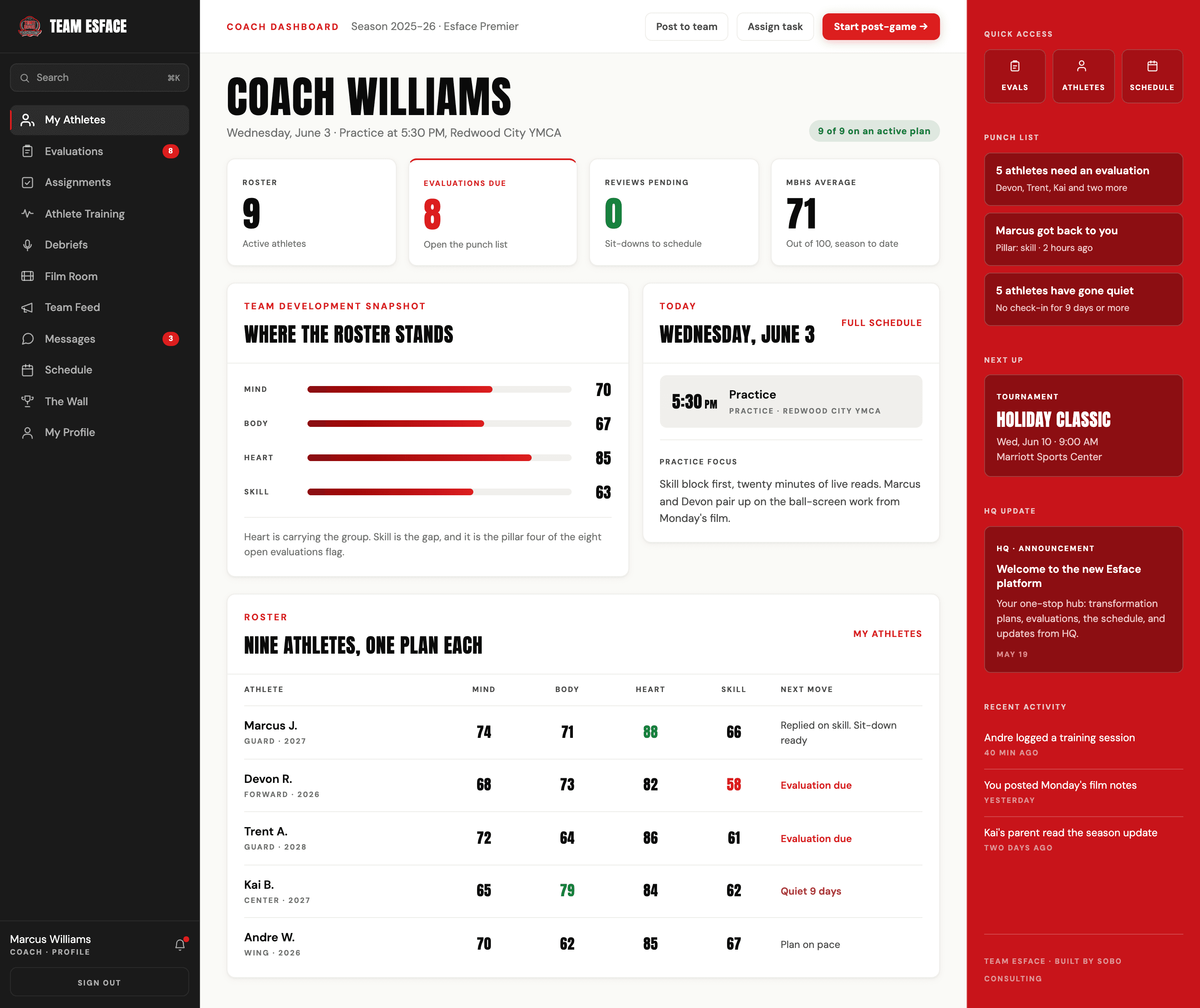 The Team Esface coach dashboard: the roster, evaluations due, pillar averages, the punch list, and what is next